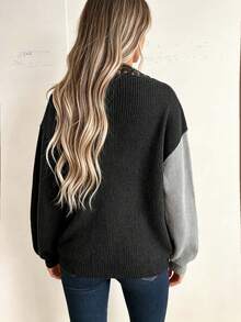 Plus Size Casual Fashion Contrast Color Lace Patchwork V-Neck Long Sleeve Knit Pullover Sweater - Dark Gray - View 9