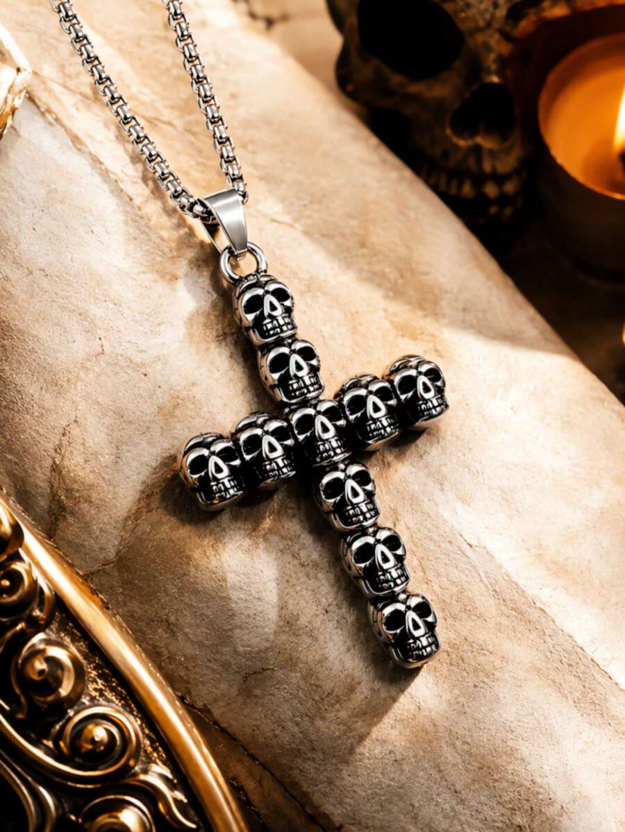 1Pc Gothic Black Cross Skull Pendant Necklace, Antique Silver Punk Jewelry For Men Women Daily Party Halloween Gift - Skull Cross Necklace - View 1
