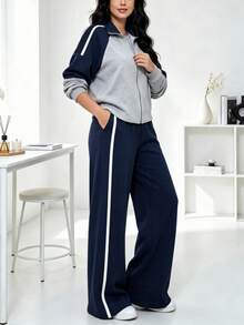 Women's Fashion 2 Pieces Sportswear Set, Includes Full Zip Jacket And Wide Leg Pants, Suitable For Casual Wear - Gray + Navy - View 2