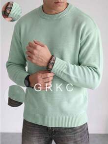 GRKC 男士圓領長袖針織寬鬆休閒簡約套頭毛衣，適合秋冬穿著 - 薄荷綠 - 查看 2