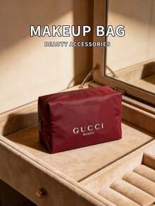 Water‑Resistant Zipper Makeup Pouch Large‑Capacity Travel Cosmetic Storage Bag Gift For Women Gucci Beauty Burgundy Nylon Makeup Bag - Burgundy - View 1