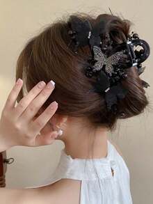 1pc Oversized Butterfly Hair Claw Clip With Pearl And Rhinestone Decor, Sweet And Cute Back-Of-Head Hair Accessory For Casual Daily Wear And Party Styling - Multicolor - View 2