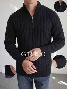 GRKC 男士半拉鍊立領寬鬆版型復古休閒毛衣 秋冬款 - 黑色 - 查看 2