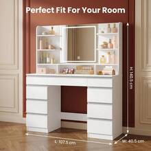 HaluPeit Dressing Table With LED Light, Vanity Desk With 1 Large Drawer And 8 Small Drawer Cabinets, Adjustable Brightness, Large HD Mirror, 9 Open Storage Areas - Silver - View 6