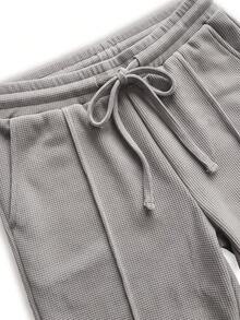 Waffle Knit Casual 2 Pieces Set Half-Zip Polo Shirt With Contrast Cuff Short Sleeve & Straight Leg Pants Light Business Commute Spring Summer Outfit - Grey - View 4