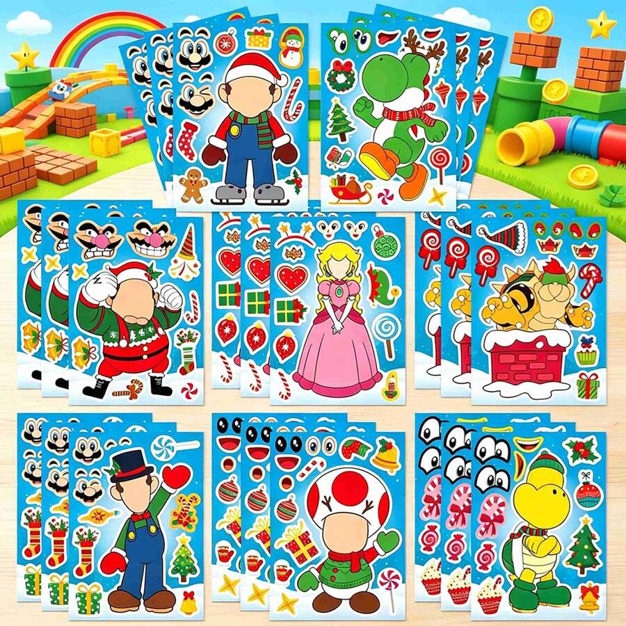 SUPER MARIO BROS. 1set/8pcs Christmas Themed Collage Stickers, DIY Dress Up Stickers For Multiple Game Characters. Free Combination And Assembly, Suitable For Children's Party Handicrafts And Holiday Gifts, Full Of Fun. (Stochastic Style) - Multicolor - View 1