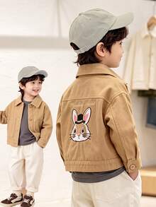 Young Boys Kids Spring Fall Jacket Outerwear Top Rabbit Embroidery Button Front Lapel Long Sleeve Pockets Cute Casual Daily Outdoor Wear - Brown - View 2