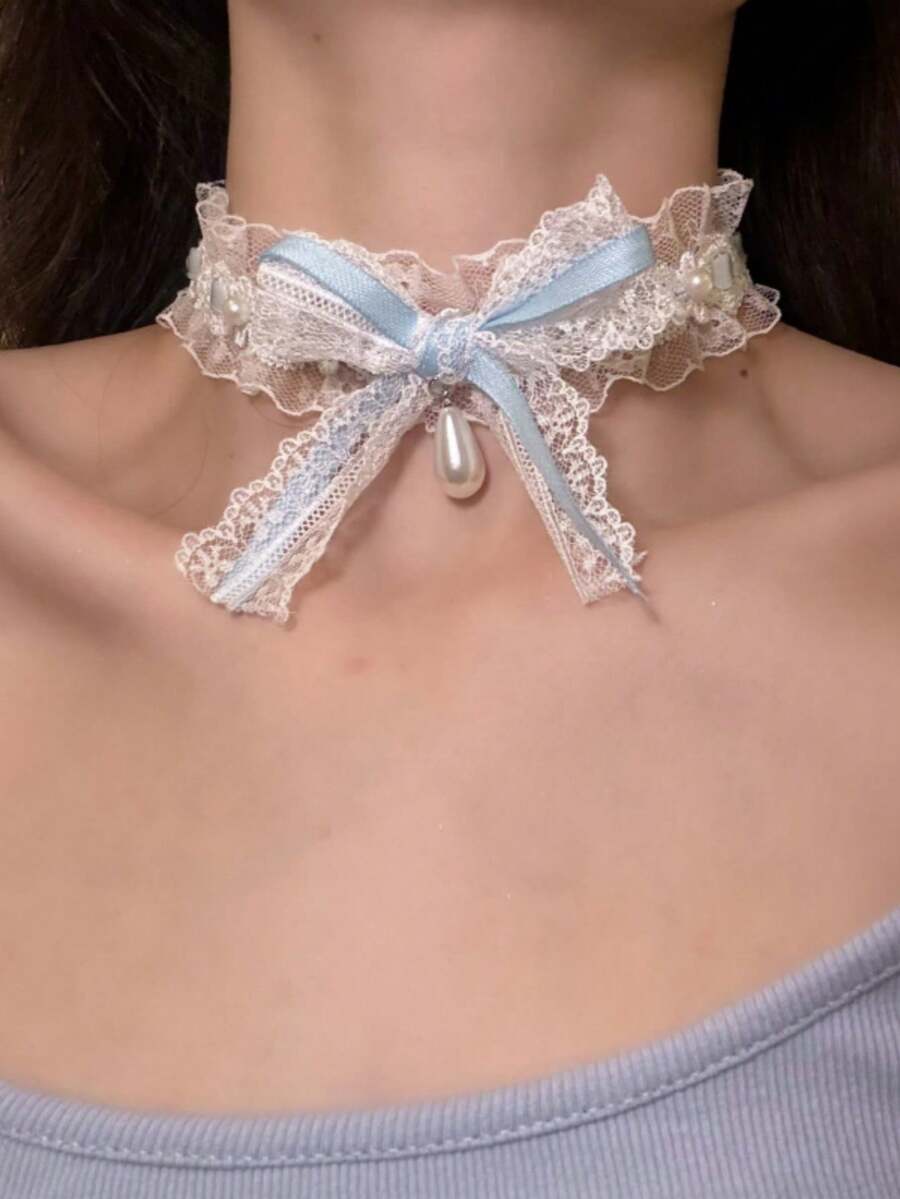 1pc White Lace Bow Choker Necklace For Women Neck Accessory High-End Minimalist Style - White C - View 1