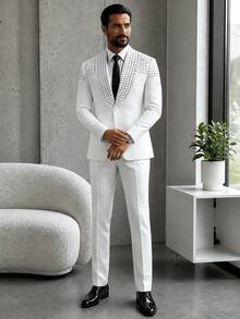 Spring Autumn Men's Rhinestone Suit Jacket & Pants Set Casual Fashion Design Everyday Wear Two Pieces Outfit - White - View 4