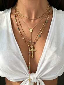 4pcs/Set Faux Gemstone Rhinestone Cross Necklace Set, Elegant Vintage, Daily Accessory For Women Summer Beach Dance Party Wear (Rhinestone Color Random) - Golden - View 3