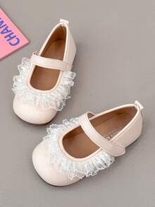 New Minimalist Light Beige Girls' Mary Jane Flats, Round Toe With Lace Decor And Convenient Hook And Loop Closure, Breathable Durable Non-Slip Rubber Sole, Children's Flat Shoes Suitable For Daily Wear, Vacation, Party, Holiday And Celebration Outfits - Beige - View 3