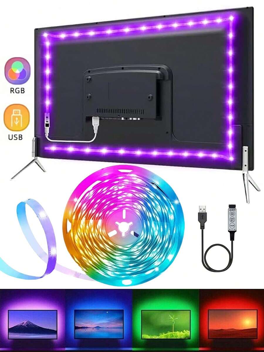 شريط إضاءة خلفية RGB للتلفزيون يعمل بالطاقة عبر USB، تحكم ب- 3 أزرار لتغيير الألوان، شريط إضاءة مرن ذاتي اللصق، للشاشة وغرفة النوم وغرفة الألعاب، ديكور منزلي وأجواء حفلة عيد الميلاد