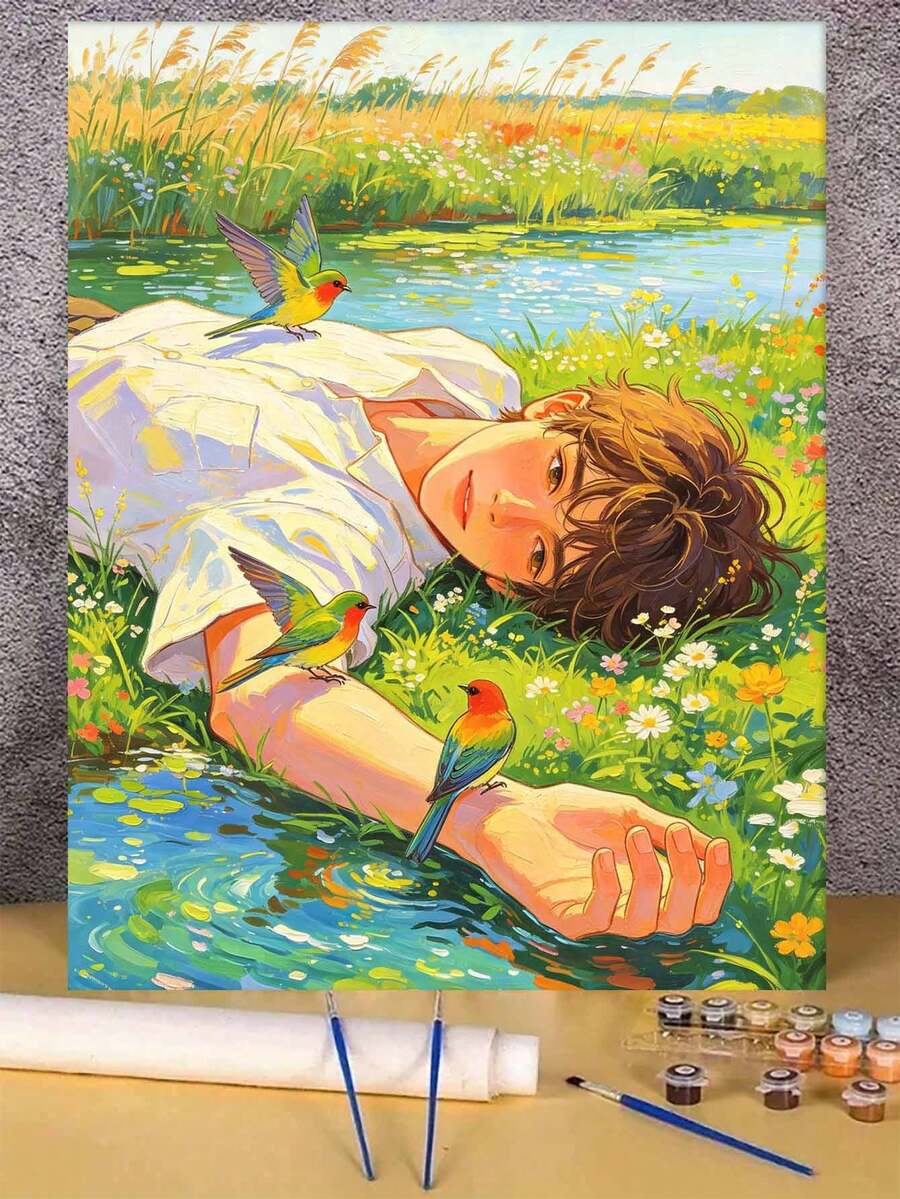 1 Set Bird In The Boy'S Hand DIY Digital Oil Painting Kit, Artistic Oil Painting Set, Suitable For Adult Beginners, Bedroom Decor And Art Wall Decoration, Holiday Gifts.