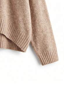 Women's Fall Winter Camel Soft Fuzzy Knit Crew Neck Long Sleeve Sweater, Drop Shoulder Curved High Low Hem Oversized Casual Daily Work Commute Wear - Flower-colored - View 9