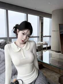 Women's Long Sleeve Base Layer Slimming T-Shirt Top For Autumn/Winter - White - View 1