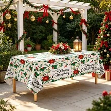 Christmas Rectangular Disposable Tablecloth - 54*108 Inches | (4 Pieces/1 Piece) Indoor And Outdoor Plastic Christmas Decorations | Winter Tablecloth For Christmas And New Year | White Plastic Tablecloth - White and Green - View 5