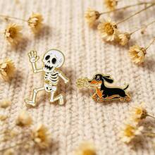 Skeleton & Dachshund Enamel Pins Set, Funny Running Skull And Sausage Dog Brooches For Backpack Jacket, Halloween Gothic Gift For Couples And Friends - Multicolor - View 5