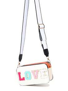 1pc Women's Creative Towel Embroidery LOVE Letter Crossbody Camera Bag, Wide Strap Zipper Small Bag, Sweet Girl Style Shoulder Bag - M1963 - View 6