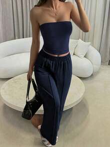 Vaiaye 2pcs Set Autumn Outfit Slim Fit Sexy Strapless Cropped Top Basic Tank Top Fashion Solid Color Elastic Fitted Yoga Tube Top, Spring/Summer Long Pants Set - Navy - View 8