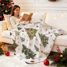 1pc Watercolor Christmas Tree Throw Blanket, Red Bowknot Christmas Ball Snowflake Red Berry Print Pattern Flannel Single-Sided Printed Blanket, Perfect For Holidays, Birthdays, Sofa And Home Decor - Multicolor - View 8