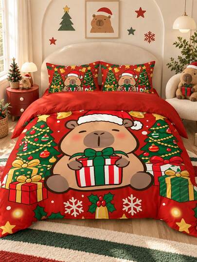 2/3pcs Christmas Bedding Set, Cute Capybara Pattern, Soft And Comfortable, Skin-Friendly And Breathable, Suitable For All Seasons, Fits Single, Double, Queen, King, And Extra Large Beds. Dorm Room Minimalist Home Textiles, Back To School Essential, Machine Washable, Autumn Bedroom Decor. Includes 1 Duvet Cover And 1/2 Pillowcases (Duvet Insert Not Included).
