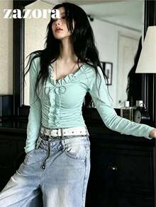 韓系小眾精緻 3D 荷葉邊飾長袖女款秋季上衣內搭 T-shirt - 薄荷綠 - 查看 3