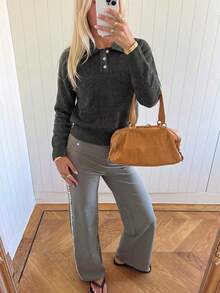 Women's Autumn/Winter New Polo Collar Solid Color Knit Sweater, Suitable For Office Commute, Business Professional, Casual Daily Wear - Grey - View 3