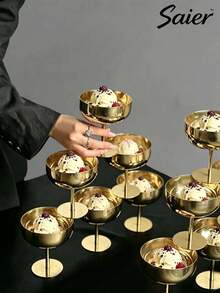 6/4/1pc Highly Attractive Stainless Steel Gold Stemmed Ice Cream Cup Creative Gold Stemmed Pudding/Dessert Bowl Stackable Easy Storage Easy Cleaning Home Restaurant Pudding/Dessert Tableware Multiple Sizes Available Suitable For Summer Ice Cream Dessert Daily Home Use And Party Event Tableware Matching - Multicolor - View 1