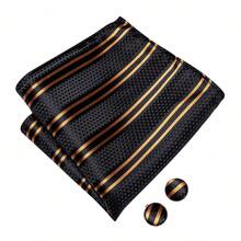 5Pcs Men Black Striped Bow Tie Pocket Square Cufflinks Ring Boutonniere Set, Cufflinks Pattern Random For Wedding Business Party - Black - View 4