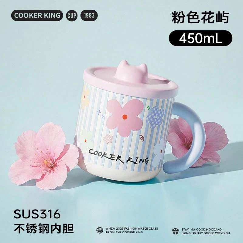 COOKER KING 1pc Cute Pear Print Insulated Cup With Cat Lid, 450ml 316L Stainless Steel Coffee Mug, Handle Design Water Cup, Suitable For Home Office Tea Drinking - Pink Flower Island - View 1