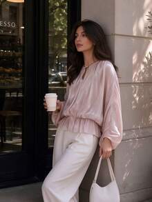 Pink Metallic Satin Pleated Blouse For Women Tie Keyhole Neck Lantern Sleeve Peplum Waist Elegant Work Date Flowy Top - Baby Pink - View 3
