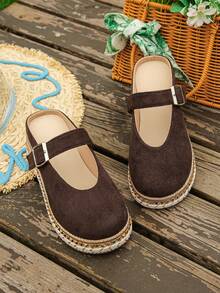 Women's Fashion Round Toe Buckle Black Half Slip-On Retro Style Spring Summer New Daily Wear Chocolate Brown Versatile Thick Sole Slippers Shoes - Chocolate Brown Velvet - View 7