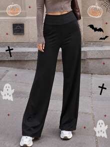 Women's Elegant Black Wide Leg Pants, High Waist Polyester Medium Stretch Trousers, Fashionable Versatile, Suitable For Daily Wear - Black - View 2