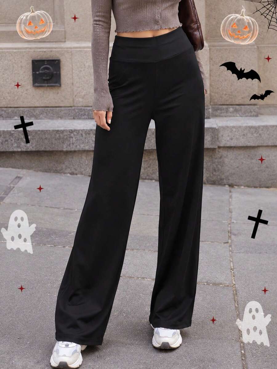Women's Elegant Black Wide Leg Pants, High Waist Polyester Medium Stretch Trousers, Fashionable Versatile, Suitable For Daily Wear