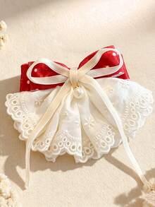 1pc Girls Sweet Cute Autumn New Multi-Color Flocked Polka Dot Bow Lace Ribbon Hair Clip - Red - View 4
