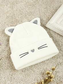 1PC Women's Casual White Cat-Shaped Heart Pattern Ear Knitted Hat, Cute Style, Suitable For Party And Daily Wear - White - View 4