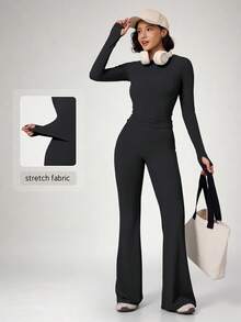 NcmRyu Women's One Set Solid Color Thumbhole Short Long Sleeve Flare Pants Sports Set - Black - View 11