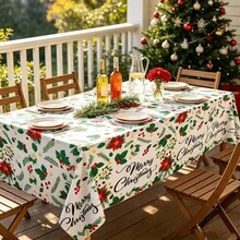 Christmas Rectangular Disposable Tablecloth - 54*108 Inches | (4 Pieces/1 Piece) Indoor And Outdoor Plastic Christmas Decorations | Winter Tablecloth For Christmas And New Year | White Plastic Tablecloth - White and Green - View 4