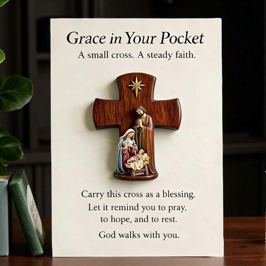 1pc Jesus Cross Prayer Statue, Includes Cross, Virgin Mary, Joseph And Jesus Statues, Comes With Prayer Card And Inspirational Card, Suitable As Christian Prayer Gift And Faith Cross Gift - Multicolor - View 1