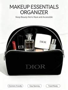 DIOR Luxury Black Velvet Shell Makeup Bag, Exquisite Embroidered Letter Logo, Curved Large Opening Zipper Design, Large Capacity Portable Cosmetic Storage Pouch, Home Vanity Organizer, Travel Skincare Storage, Premium Gift Makeup Bag For Women - Black Velvet Shell Makeup Bag - View 5