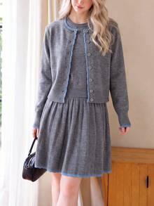 Bộ 2 món váy và áo khoác cardigan nữ mùa thu/đông, phong cách thường ngày thanh lịch, thiết kế viền phối màu tương phản, thời trang mặc hàng ngày - Xám - Xem 3