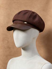 1pc Solid Color Elegant Metal Logo Decor PU Leather Brim Street Ins Retro Newsboy Cap, Women's Autumn/Winter Hot-Selling Fashion High-End Versatile Beret, Comfortable Casual Outdoor Sketching Gathering Shopping Photography Wear - Leather Brim Newsboy Cap - View 7