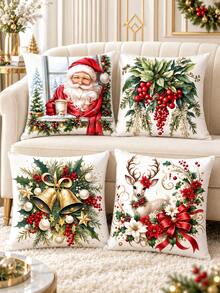 shangxia 4PCS--Winter Floral Deer Pillowcase, Red Berry Bell Character Illustration Sofa Decorative Cushion Cover--(Pillow Insert Not Included)-- (Multiple Sizes) - Multicolor - View 10
