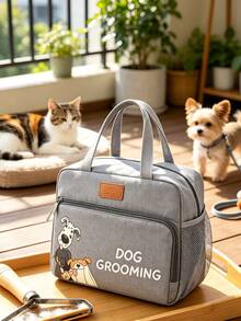 "DOG GROOMING" Printed Pet Grooming Tool Storage Bag With Dog Pattern, Large Capacity Handheld Pet Supplies Bag. Side Mesh Pockets Can Hold Combs, Scissors, Deshedding Tools And Other Pet Grooming Supplies. Portable And Convenient, Suitable For Home Storage Of Pet Grooming Supplies, Carrying During Pet Walks And Grooming, Cat And Dog Grooming Supplies Organizer Storage Bag. - Multicolor - View 5