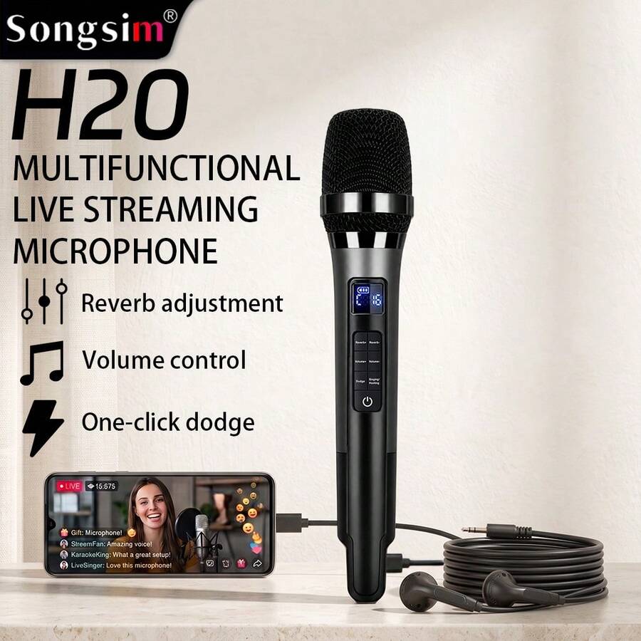 Songsim Professional All-In-One Singing Sound Card Microphone, Peralatan Mikrofon Lengkap untuk Live Streaming/Rekaman, Mendukung Pengiring Bluetooth/Pemantauan Real-Time, Kontrol Reverb/Pengaturan Volume/Simulasi Adegan yang Nyaman, Dilengkapi dengan Adaptor Lightning, Kompatibel dengan Antarmuka Ponsel Type-C/Lightning, Cocok untuk Live Streaming, Karaoke, Streaming, Hiburan - View 1