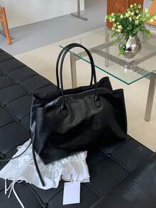 Women Solid Soft Faux Leather Tote Bag,Long Top Handles Side Tassel, Large Capacity With Inner Zip Pocket,Minimalist Elegant All-Season Office Commute - Black - View 5