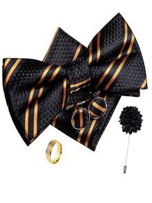 5Pcs Men Black Striped Bow Tie Pocket Square Cufflinks Ring Boutonniere Set, Cufflinks Pattern Random For Wedding Business Party - Black - View 1