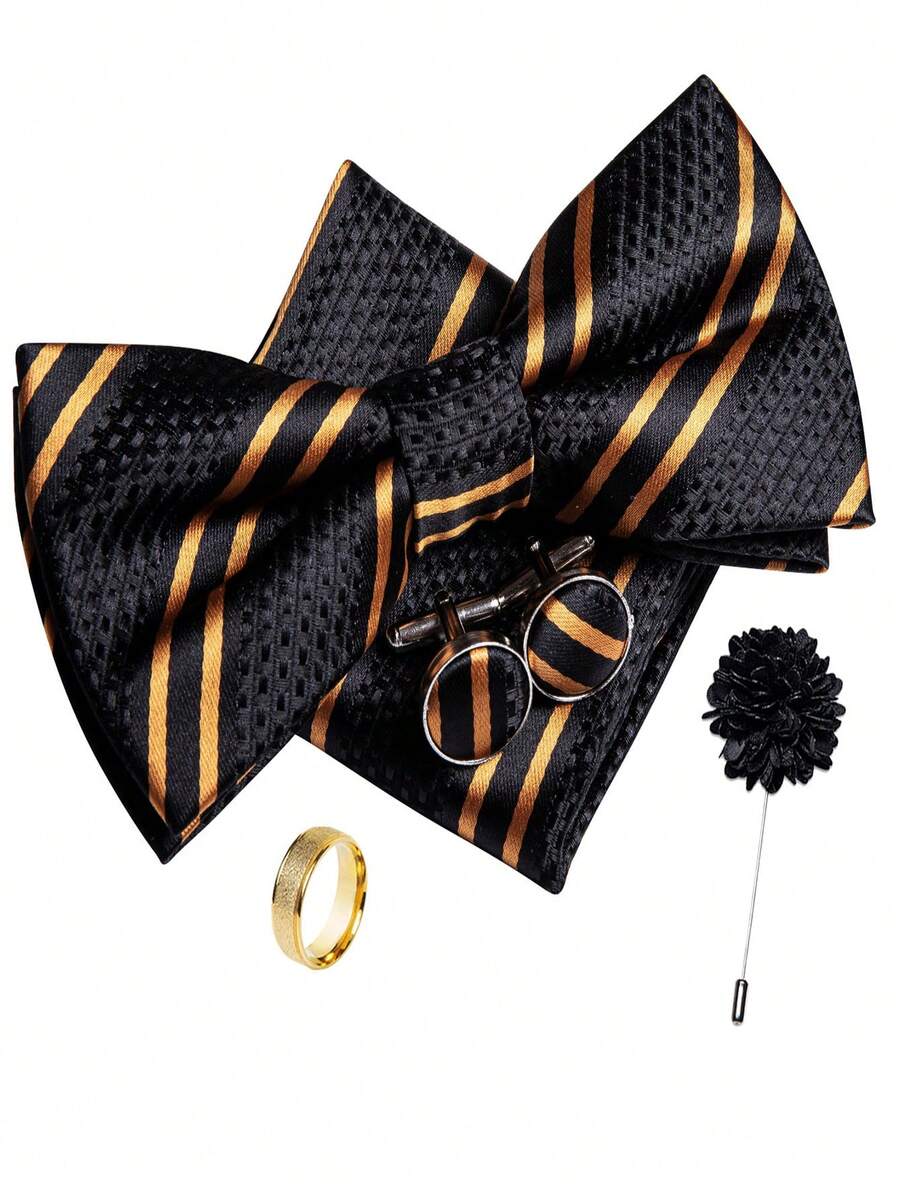 5Pcs Men Black Striped Bow Tie Pocket Square Cufflinks Ring Boutonniere Set, Cufflinks Pattern Random For Wedding Business Party - Black - View 1