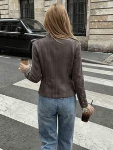 Women's Stand Collar Double Breasted Jacket, Shoulder Epaulette Decor Long Sleeve Slim Fit Vintage Coat - Brown - View 6