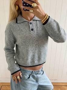 Chic Gray Knit Pullover Sweater For Women, Featuring Polo Collar And Front Buttons, Perfect For Winter Outfits - Grey - View 9